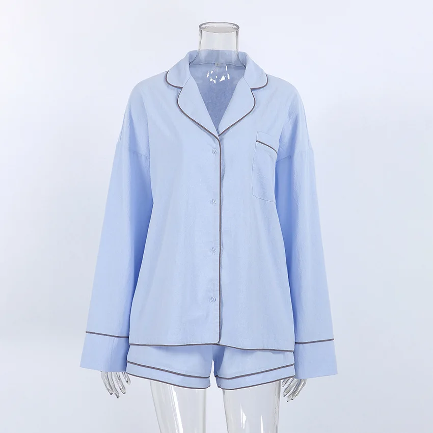 Women Cotton Pajama Set Long Sleeve Turn Down Collar Shorts Sleepwear Custom Embroidery Loungewear — detail