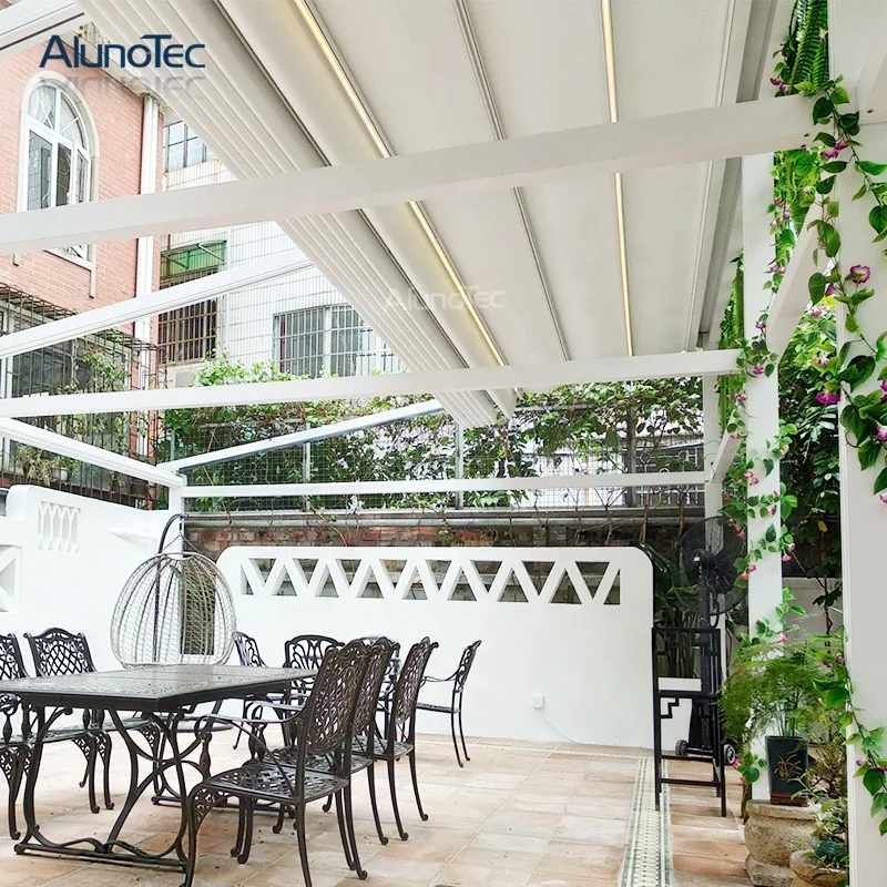 Waterproof Outdoor Motorized PVC Pergola Retractable Awning With Led Lights