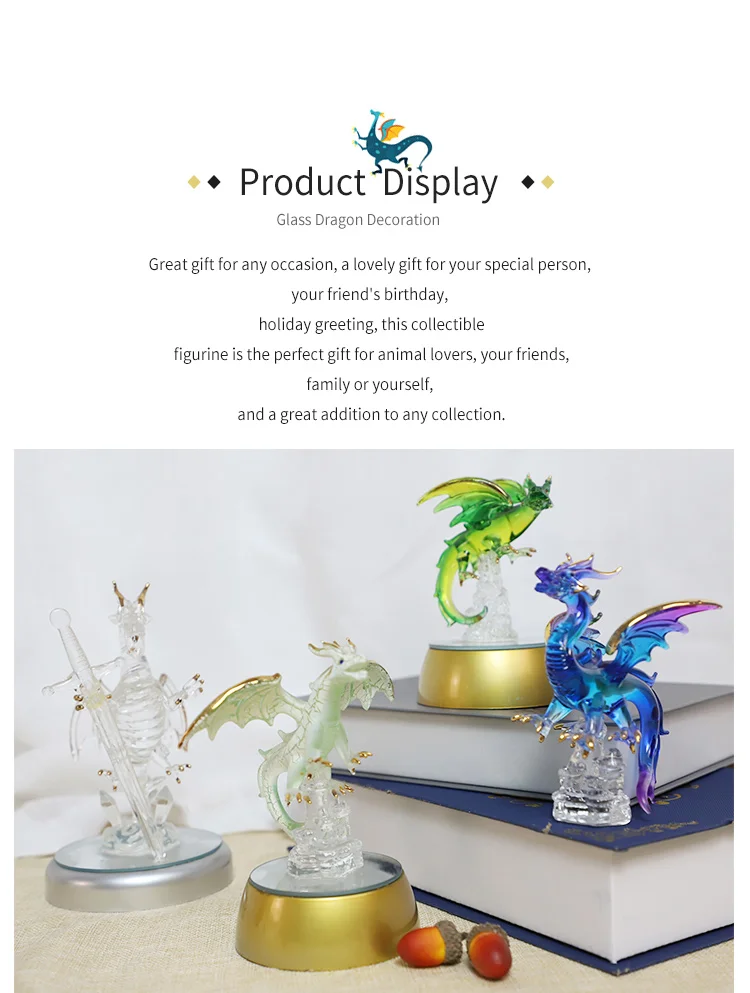 Promotional hand blown colorful glass dragon shape figurines art table decoration factory