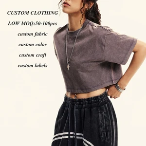 Oem One Stop Custom Y2k Streetwear Vintage T Shirt Short Sleeve Women Acid Wash Heavyweight Cotton Boxy Cropped T Shirt