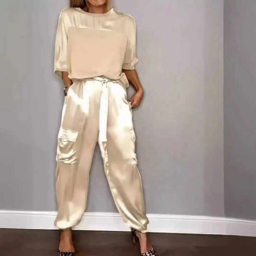 2026 New Smooth Satin Half Sleeve Top Suit Two Piece