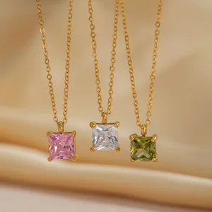 MW Wholesale Waterproof Stainless Steel Necklace - Women's Handmade Multiple Colored Square Zircon Pendant Anti-Tarnish Jewelry