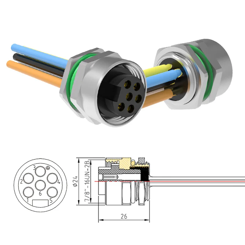 Hot Selling Female Panel Mount Connector 7/8 6pin rear lock Watertight connector ip67
