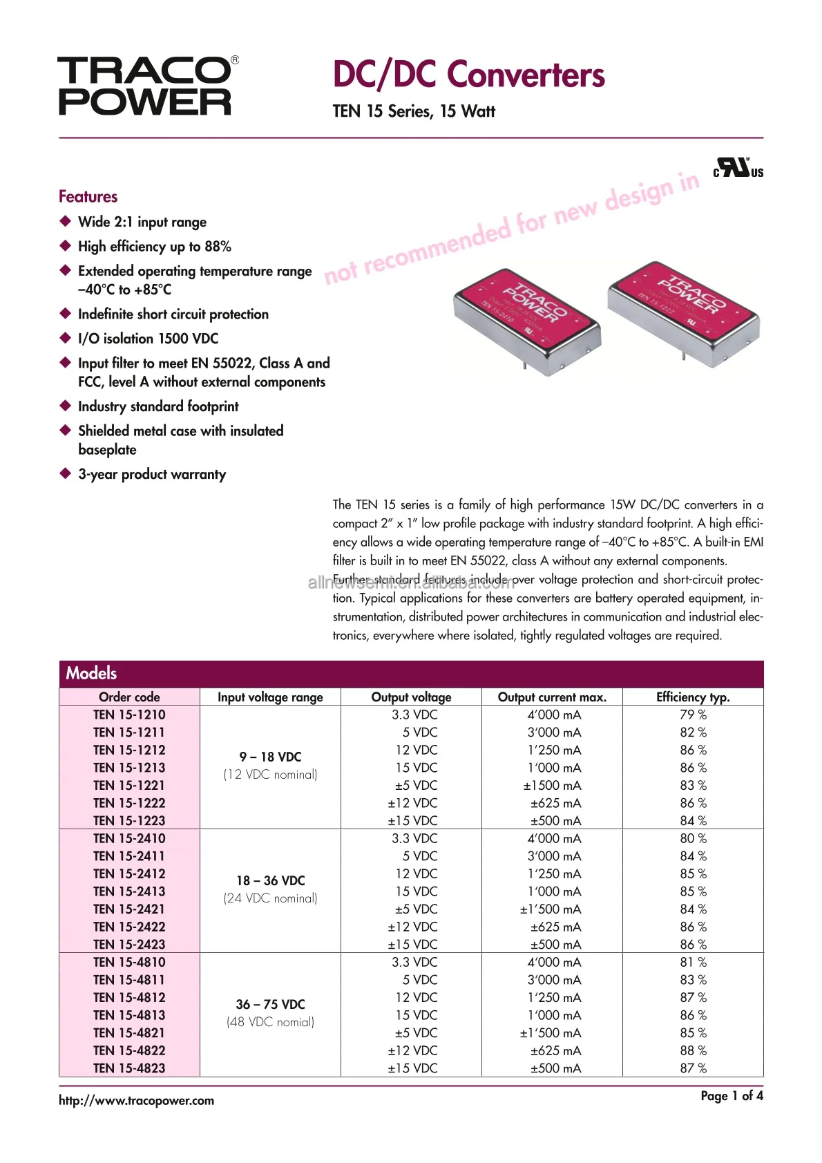 Hot sale Original TEN15-1212 Power Supply 12V 15W Isolated Module DC DC Converter 1 Output 12V 1.25A 9V - 18V Input