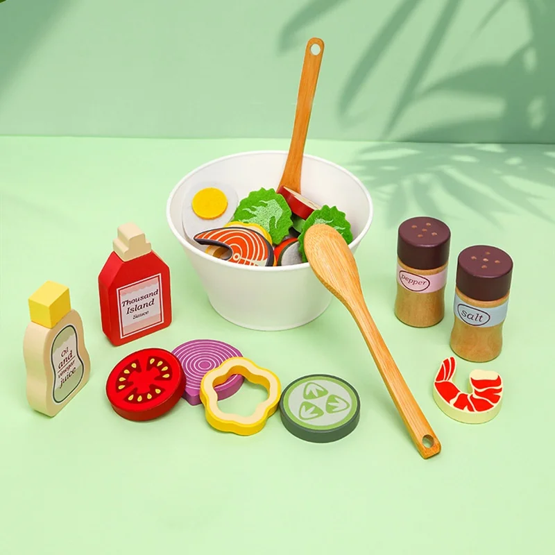 Cooking Simulation Educational Toys Pretend Wooden Salad Play with Utensils and Ingredients for Toddlers Ages 3 Years and Up