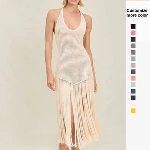 Women's New Summer Knitted Dress Halter Crochet Hemline Sleeveless Maxi Boho  Beach Tassels Dress