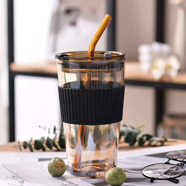 1pc Amber Color Glass Cup With Silicone Sleeve & Straw