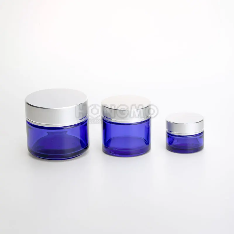 15ml 30ml 50ml Cobalt Blue Jar 2 oz 60ml 100 ml Glass Jars With Matte Silver Metal Lids for Cosmetic Cream Packaging