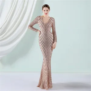 New V-neck Trumpet Sleeve Long-sleeve Mermaid Sequin Evening Dress Suitable for Banquets and Parties