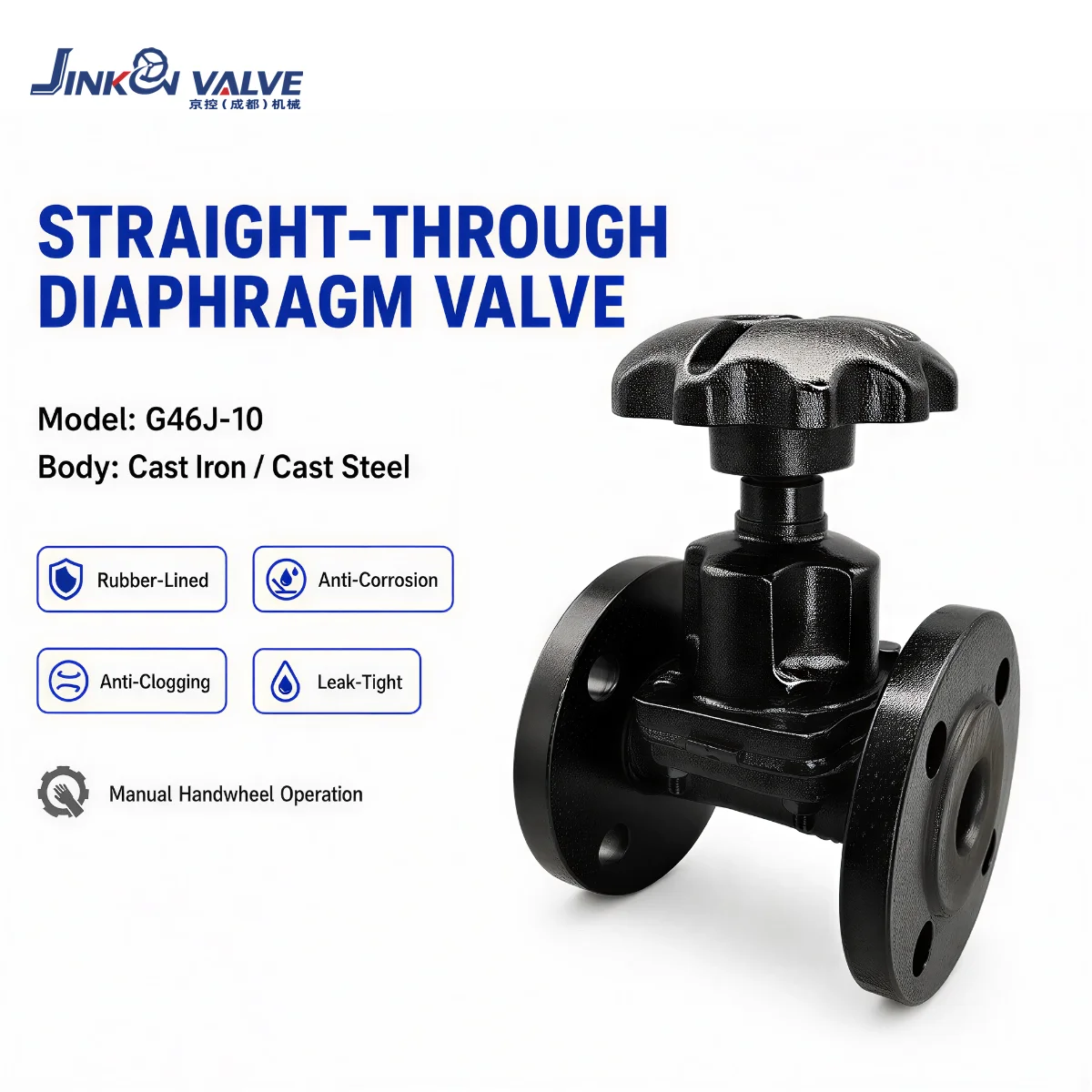 Rubber Lined Diaphragm Valve G46J Manual Straight Flange High Solids Slurry Sewage Corrosive Industrial JINKON VALVE