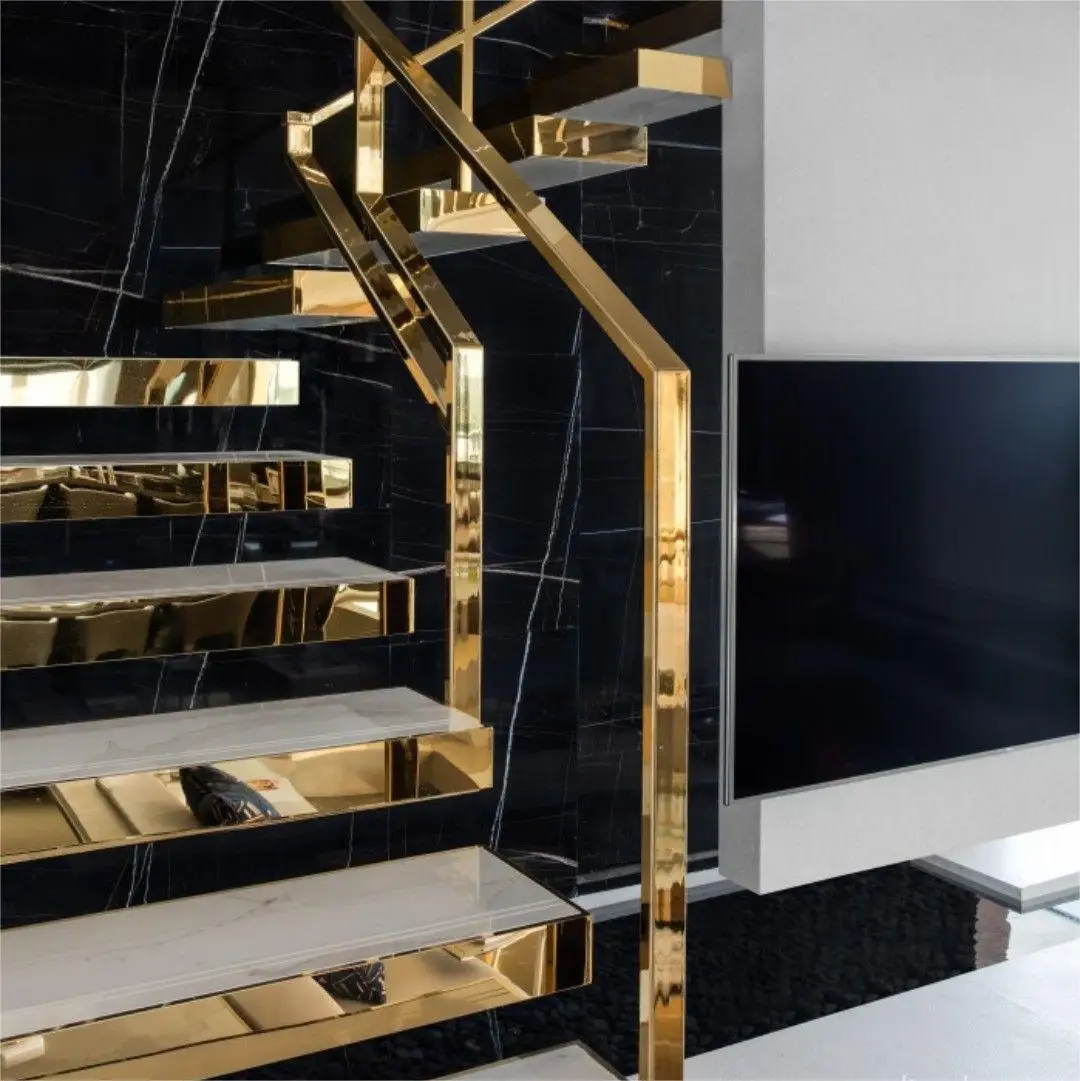 US-Australia Standard custom  granite marble staircase glass  stairs Stainless steel handrail indoor stairs with led