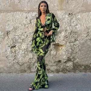 Mesh Y2K Print Long Sleeve Shirt Top and Maxi Bodycon Skirt Women Two Piece Set Summer Beach Party Club Outfits