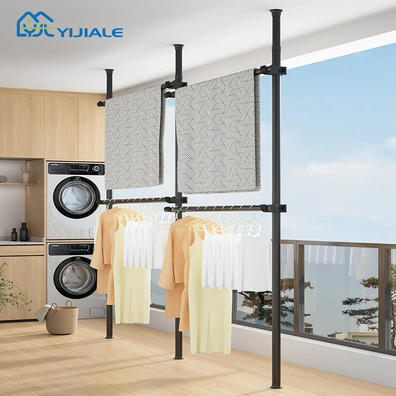 Balcony Laundry Clothes Drying Rack Metal Clothes Racks Rails Heavy Duty Telescopic Hanging Clothes Rack