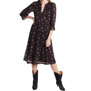Fashion Summer Half Sleeve V-neck Chiffon Dress Casual Wear Holiday Floral Midi Dresses Women Empire Waist Eco-Friendly
