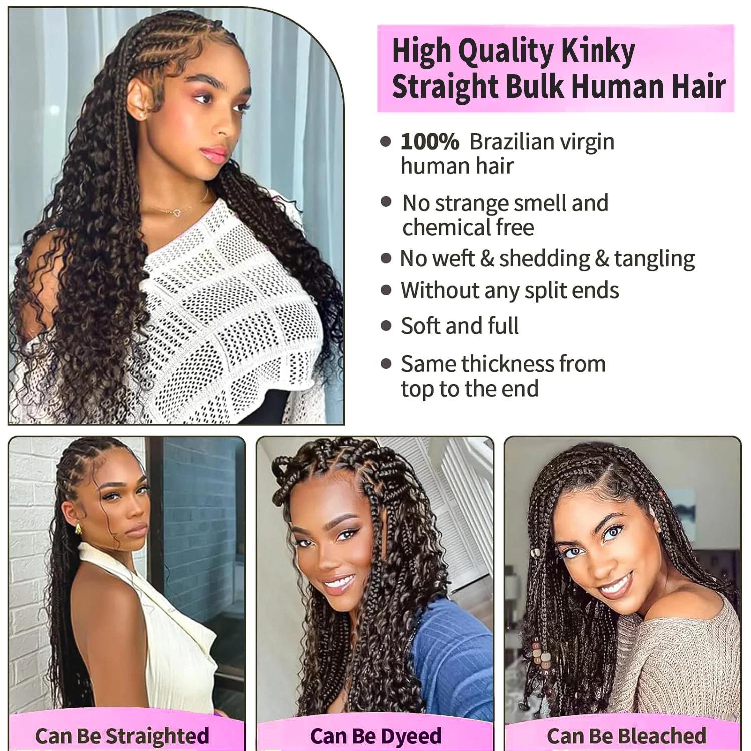 Kinky Straight Hair Bulk Brazilian Remy Human Hair Bulk For Braiding No Weft Crochet Braid Weft Hair Bulk Natural Black Color 1B_voghion.com