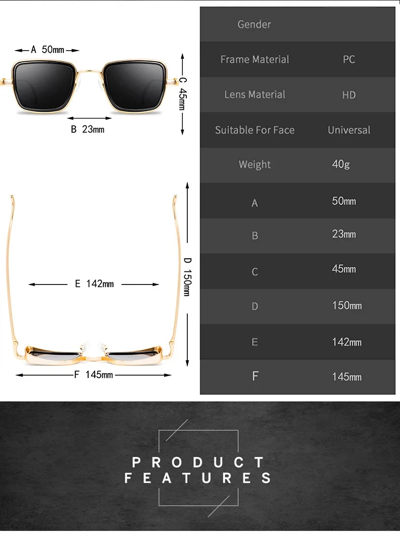 Lunettes De Soleil Carrées Unisexes JMM MELVILLE - UV400, Style Classique, 58mm, Neuves Sans Emballage