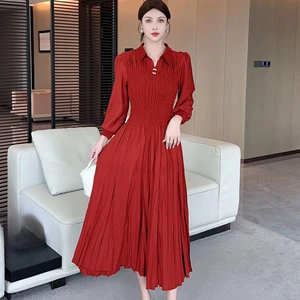 Miyake Pleated Dress with a Tailored Collar and Frilly Sleeves in Solid Color Long and Oversized for a Plus-size Fit