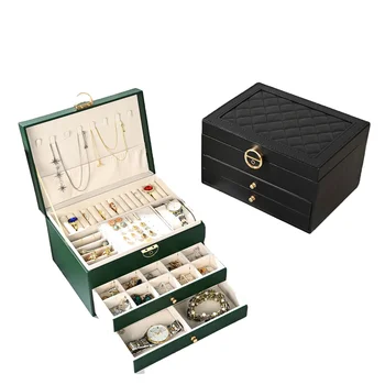 Luxury  Large 3 Layers Slide Drawer Wood and Leather Jewelry Storage Box Earring Bracelets Watch Storage Case
