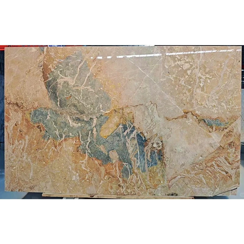 Luksusowe płyty marmurowe w połączeniu odcieni beżowego i niebieskiego – nowoczesne, polerowane, o niestandardowych wymiarach do wnętrz hoteli, muzeów i mieszkań, przeznaczone do projektów dekoracyjnych w pomieszczeniach zamkniętych