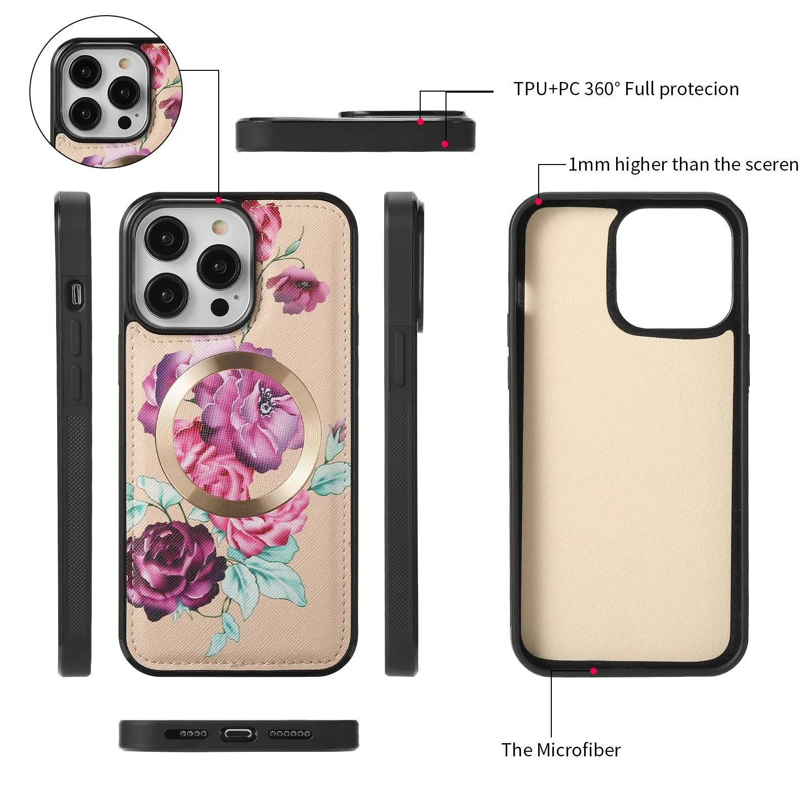 Flowers Painted RFID Protection Wallet Large Capacity for iPhone 15 14 for Samsung Cosmetic Bag Phone Cases With Mirror