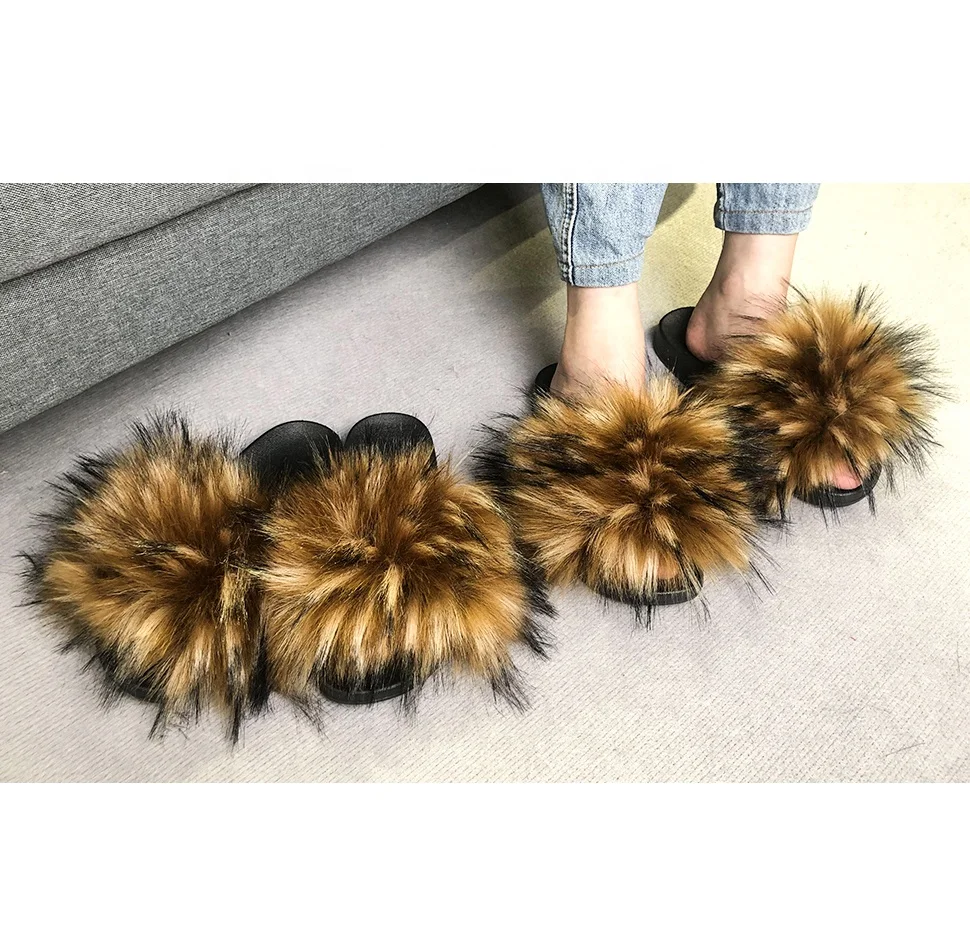 Прямая поставка, пляжная обувь, дешевые сандалии из меха енота, искусственного лисьего меха, женские шлепанцы, сланцы из искусственного меха
