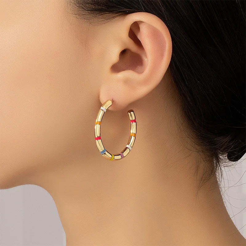 Minimalist Real Gold Plated C Shape Earrings Statement Colorful Oil Dripping Large Circle Hoop