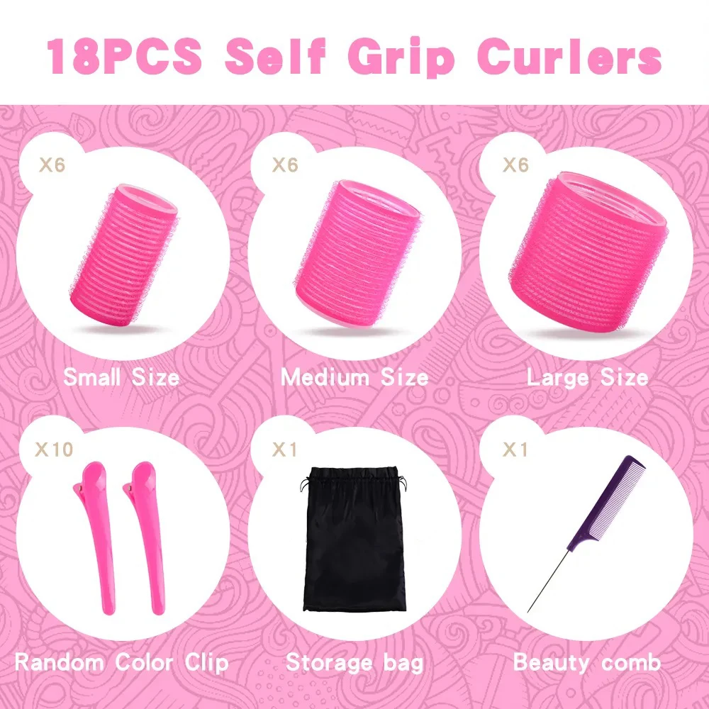 Wholesale Custom 18pcs No Heat Plastic Hair Rollers Set 3 Sizes Self Grip Hair Curler Rollers with Comb and Duckbill Clips