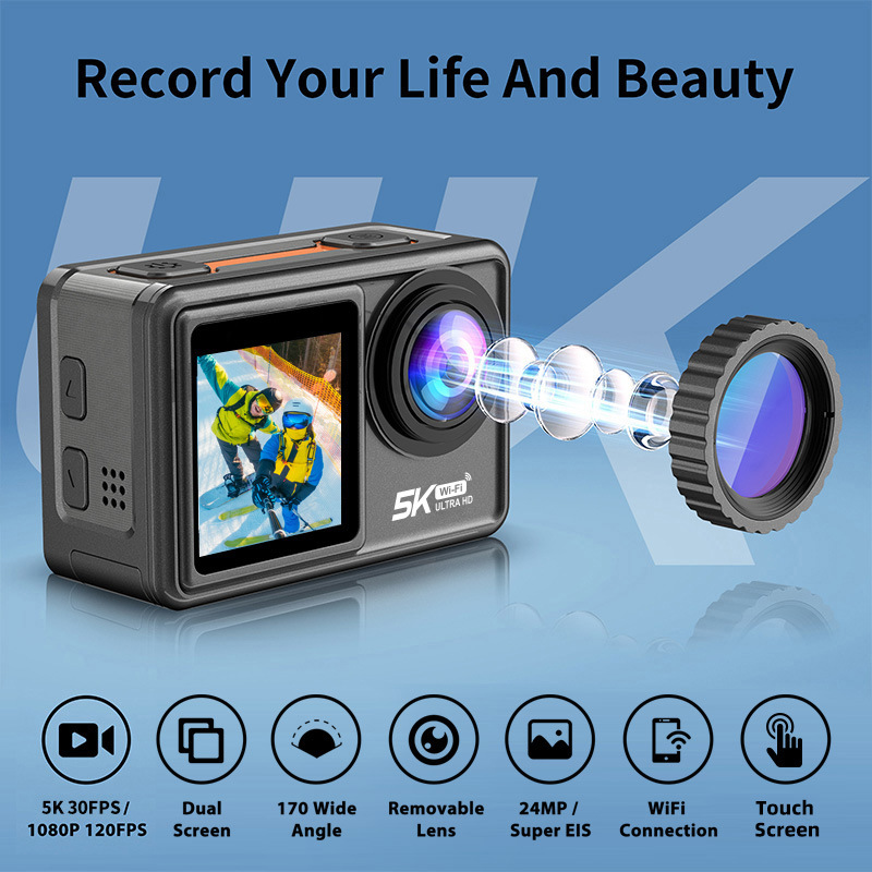 Action Camera 5K 30FPS EIS Video with Optional Filter Lens 48MP Zoom 1080P Webcam Vlog WiFi Action Camera with Remote Control