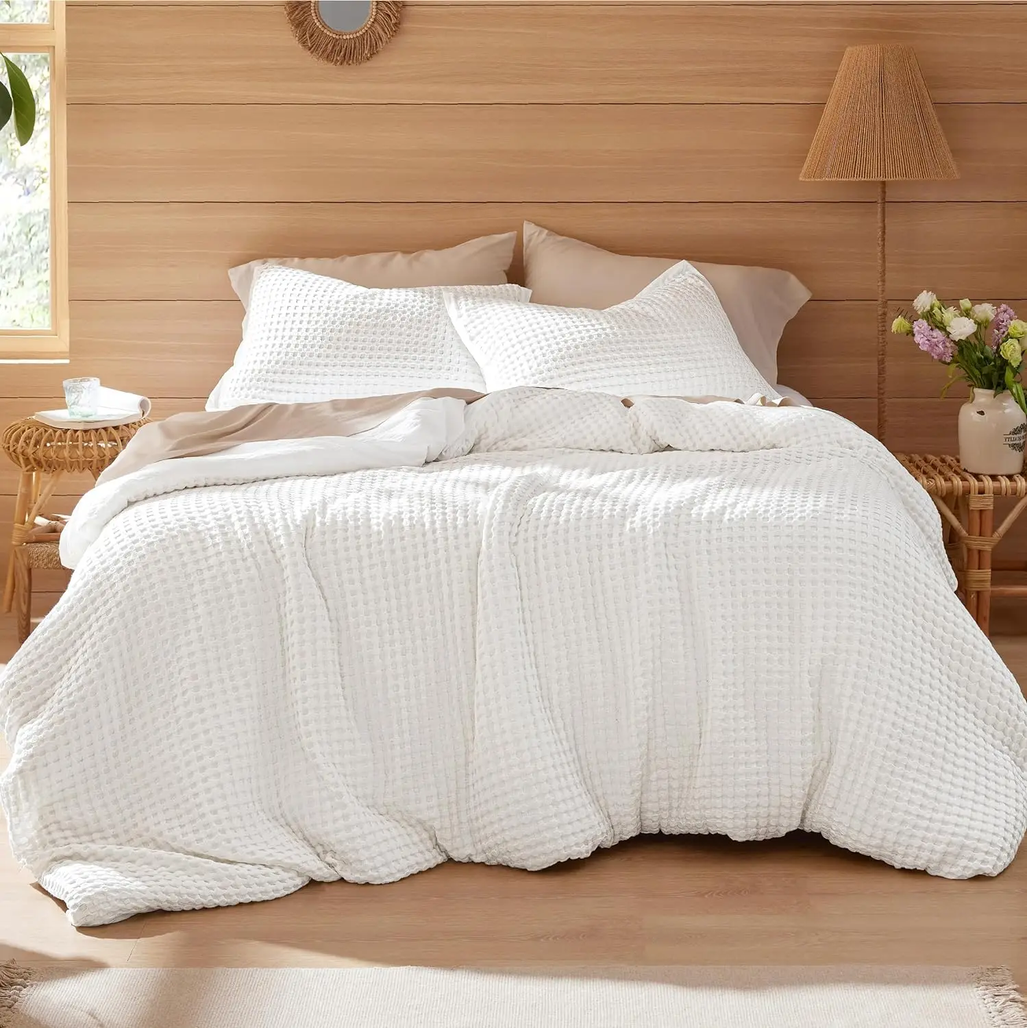 Cooling Cotton Duvet Cover-Coconut White Waffle Duvet Cover Set Blend Rayon Derived from Bamboo Breathable Bedding Set