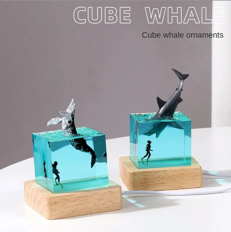 Creative Transparent Multi Color Ocean Shark Atmosphere Table Lamp Solid Wood Resin Desktop Epoxy Resin Lamps