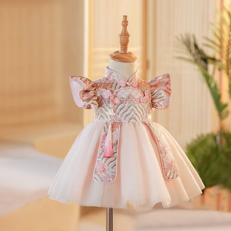 OEM Wholesale Baby Girls Party Dress Fly Sleeve Kids Tutu Dresses Princess  Clothing Solid pink Boutiques