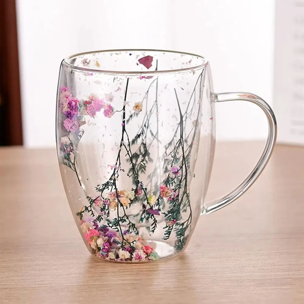 Double Wall Glass Cup With Dry Flowers Inside Borosilicate Glass Cups ...