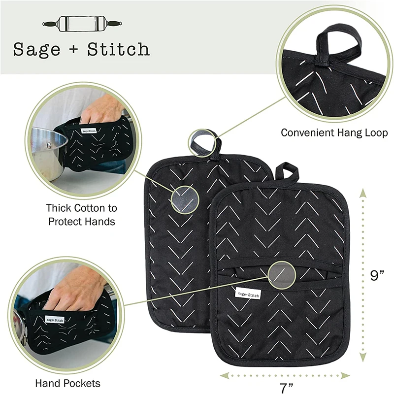 Custom Printed Function Kitchen Heat Resistant Pot Holders With Hand Pockets and Hanging Loops Pot Bowl Dish Mats