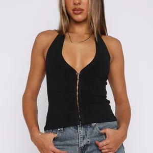 Factory Summer New Design Deep v Neck Women Black tank Tops  Sexy Backless Ladies Sleeveless Ribbed tank Top