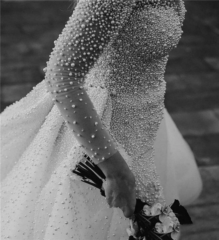 pearl wedding dress Elegant A-line Wedding Dress with Embroidered Pearls