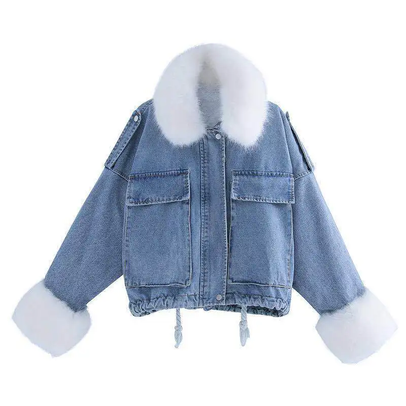 Winter Ladies Denim Jacket with Fur Collar Warm Stylish
