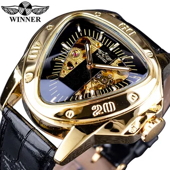Winner Triangle Golden Skeleton Transparent Motorcycle Racing Design Mens Automatic Wrist Watch Top Brand Luxury Male Clock
