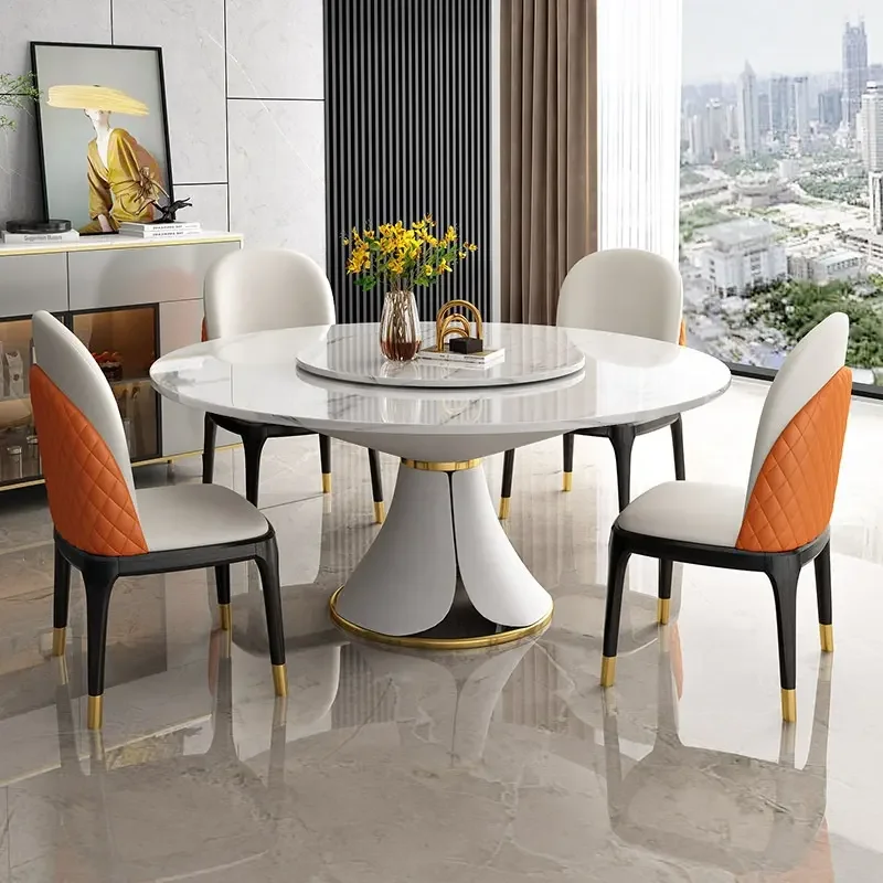 Роскошный обеденный стол из спеченного камня, круглый обеденный стол для гостиной, вращающийся стол из нового материала под заказ, обеденный стол из мрамора со стульями