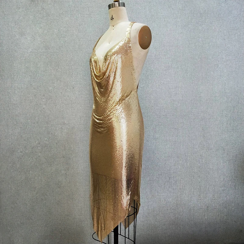 2023 Light Gold Sexy Women Backless Aluminium Sequin Chainmail Metal Mesh  Dress for Party Night Club