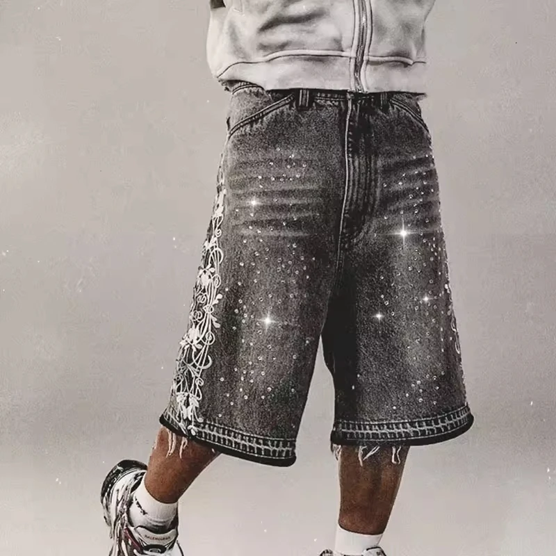 2025 Men's Custom Embroidery Patchwork Vintage Washed Cotton Denim Black Cargo Distressed Knee Length Rhinestone Jorts Shorts gallery 3