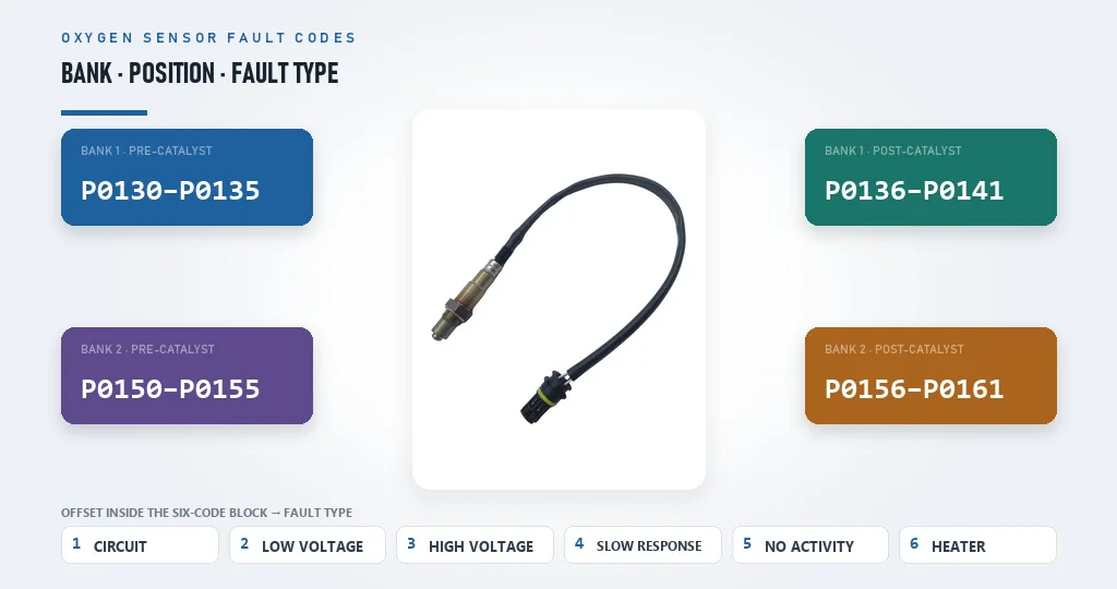 Oxygen sensor fault codes mapped to pre-catalyst and post-catalyst sensor positions for auto parts importers