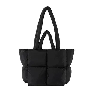 Black Custom Puffer Tote Bag Women's Glossy Quilted Puffy Light Weight Tote Bag Down Padded Shoulder Shopper Shopping Bag