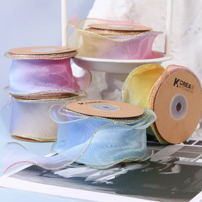 New Style 50MM Rainbow Gradient Color Golden Wired Edge Polyester Organza Ribbon