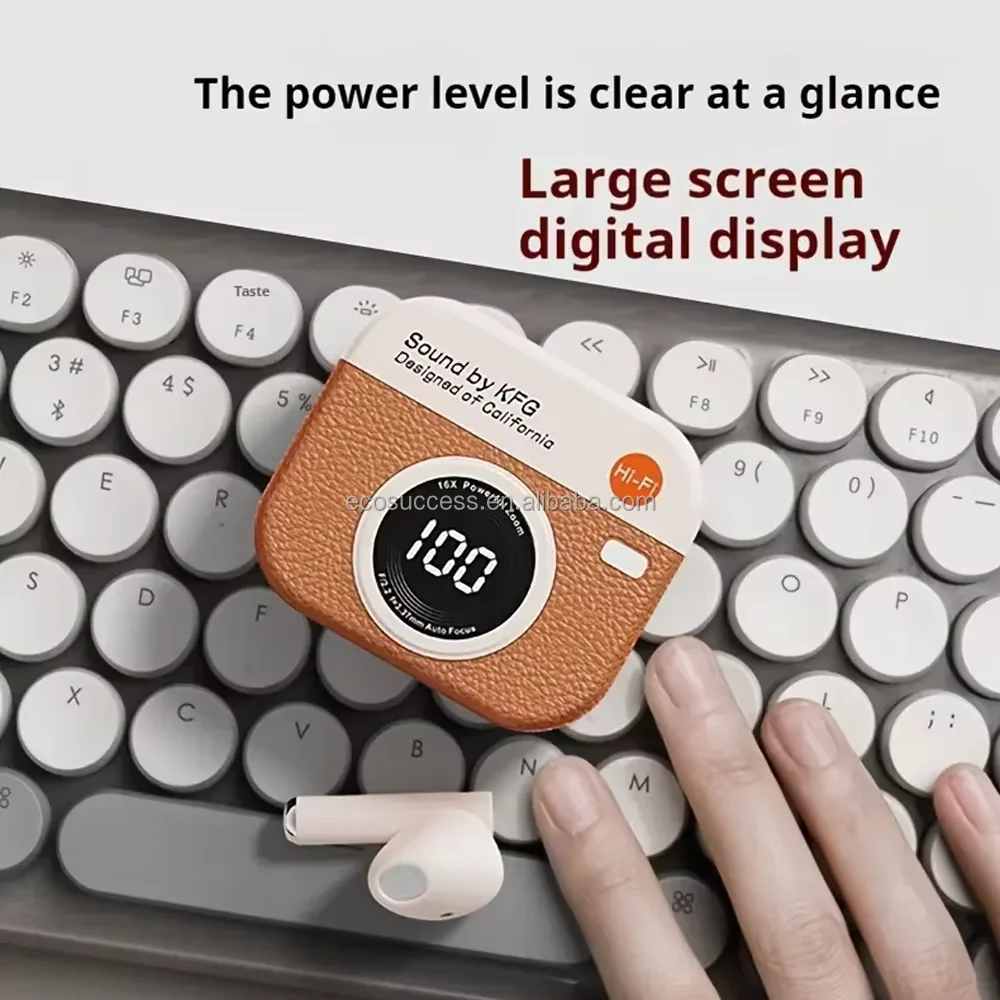 Q86 Retro Camera Leather Grain New Design Wireless Earbuds In-Ear Earphones With Screen Digital Display and Gaming Low Latency