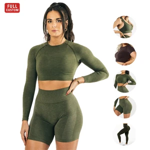 5pcs 6 Colors Acid Wash Ribbed Fitness Women Yoga Set Active Long Sleeve Crop Top Seamless Scrunch Leggings Workout Clothing
