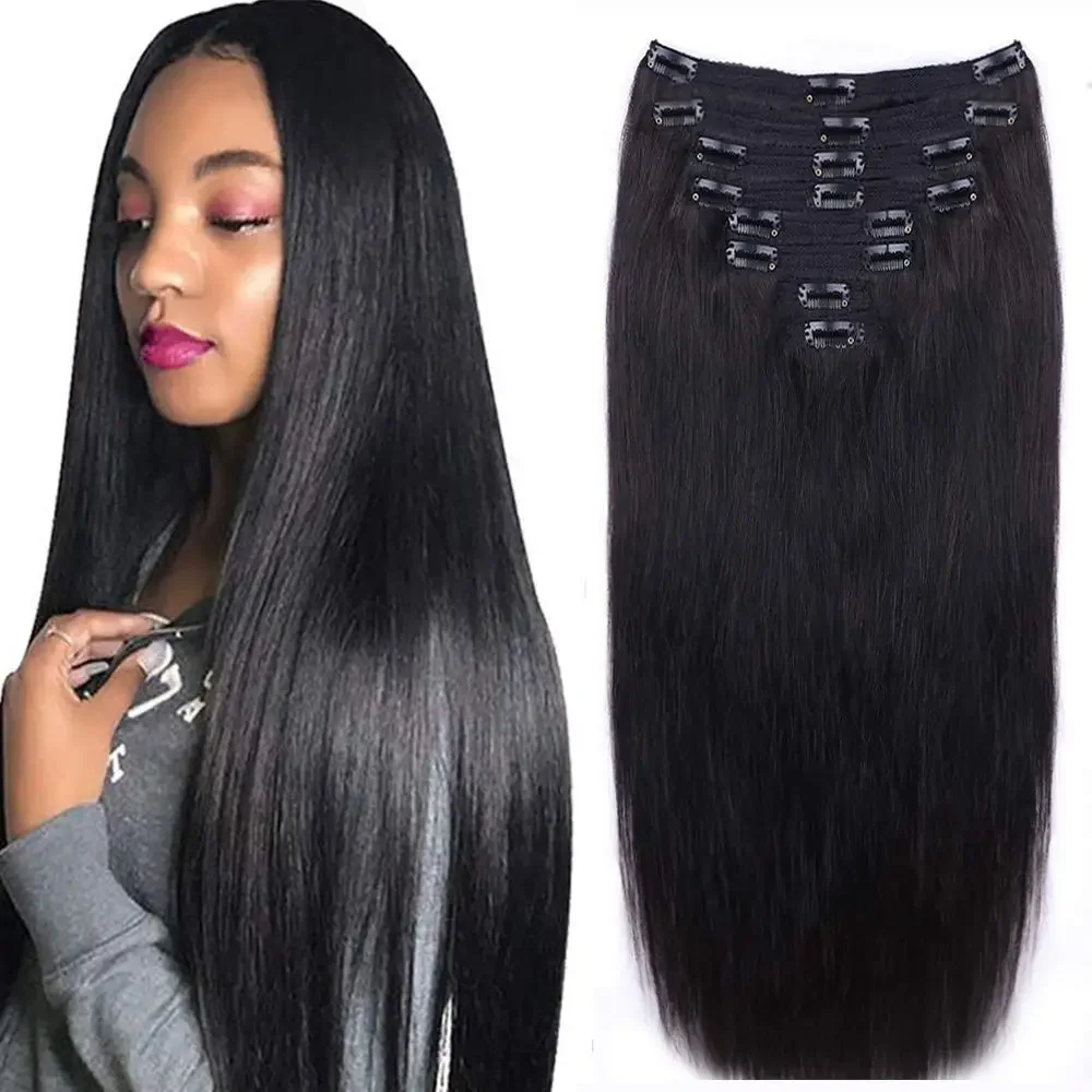 Gerade Clip-In-Haarverlängerungen, Echthaar, brasilianisches Naturschwarz, 10-26 Zoll, Remy-Haar, 120 g_voghion.com