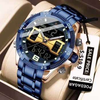 POEDAGAR Luxury Men's Wristwatch Dual Time Display LED Luminous Week Date Electronic Quartz Oval Crystal Sports Watch Men