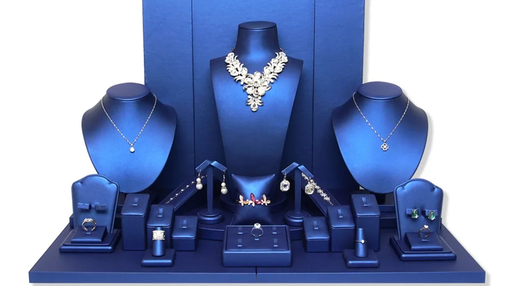 Custom Design Luxury Classic Blue Pu Leather Covered Jewelry Display