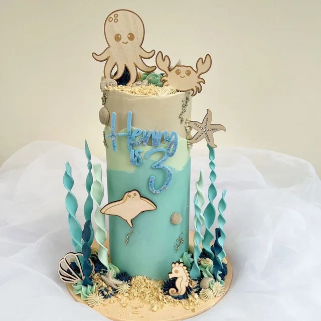 Wood cake topper Summer Sea style Shell Starfish Octopus crab Devil Fish cake accessories cake decorating supplies