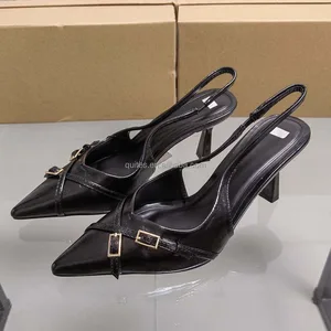 QuiteS 2026 New Pu Leather Black Women's High Heels Slip-On Summer Waterproof Square Heel Pointed Toe Casual Sandals